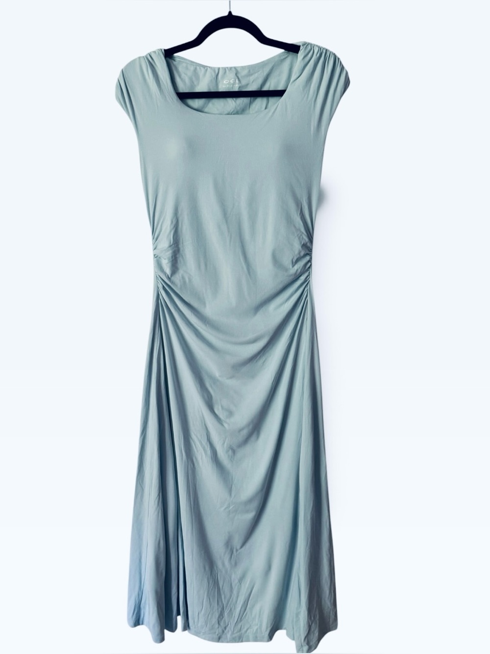 NWT OGL SkinKiss Cooling Square Neck Ruched Midi Bra Dress Blue Medium